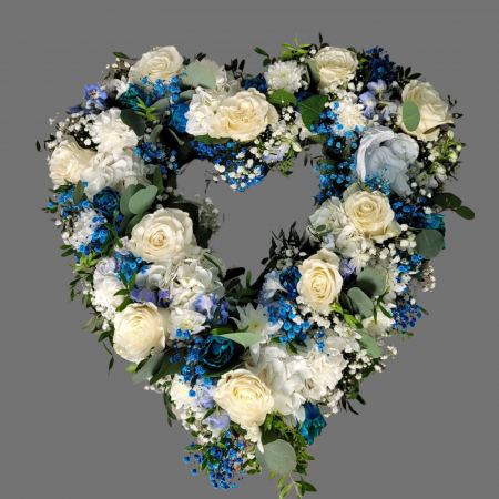 INIMI ȘI CRUCI FUNERARE - Inimă alb-albastru cu îngeraș