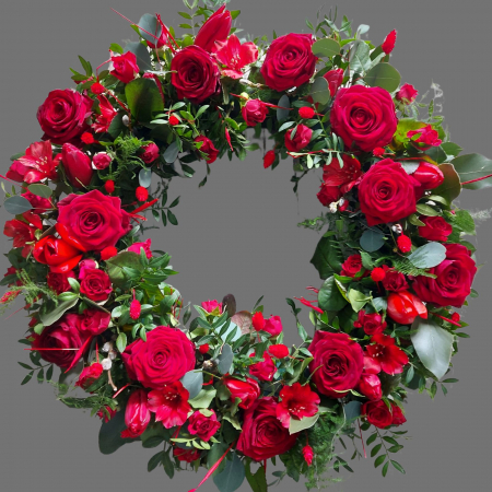 COROANE ROTUNDE - Coroană funerară cu flori roșii