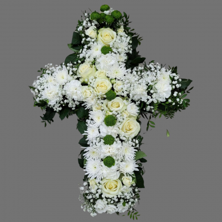 INIMI ȘI CRUCI FUNERARE - Cruce funerară cu flori albe