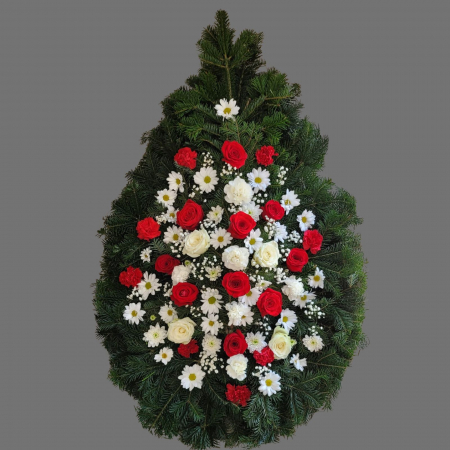 COROANE FUNERARE DIN BRAD - Coroană clasică cu trandafiri roșii și albi