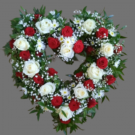 INIMI ȘI CRUCI FUNERARE - Inimă funerară cu trandafiri albi și rosii