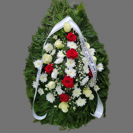 COROANE FUNERARE DIN BRAD - Coroană lacrimă cu trandafiri și crizanteme