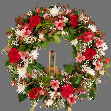 COROANE ROTUNDE - Coroana funerară cu trandafiri roșii și flori albe
