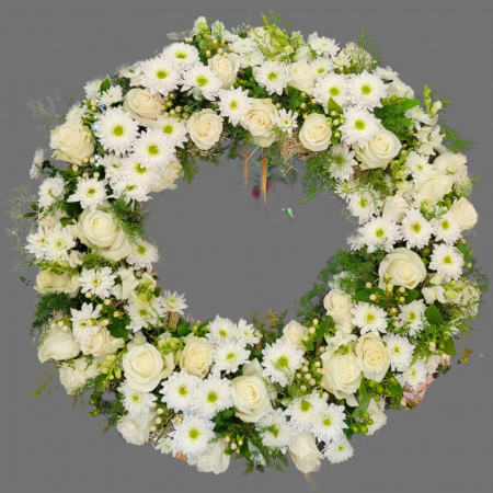 COROANE ROTUNDE - Coroana funerară rotundă cu flori albe