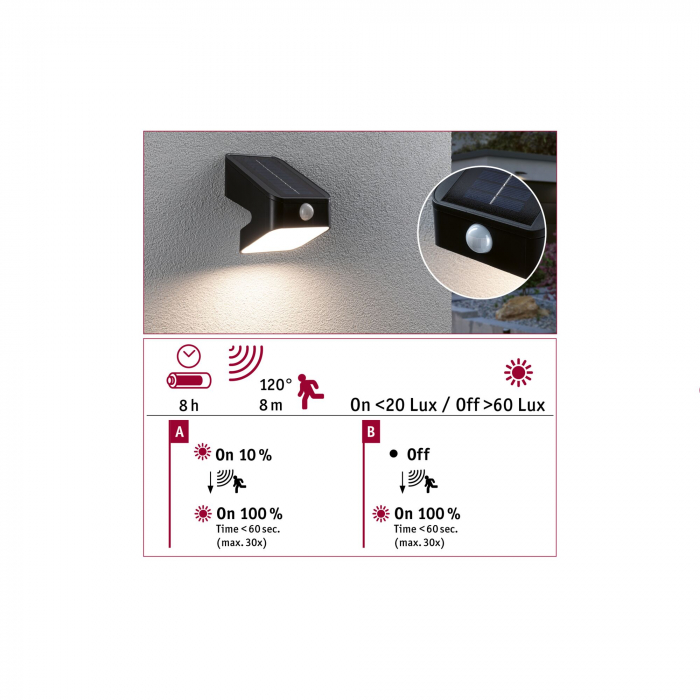 Aplică solară LED Lesly, senzori de mișcare și crepuscular, IP65, 113x126mm, 3000K, 5,5W, antracit, plastic [7]