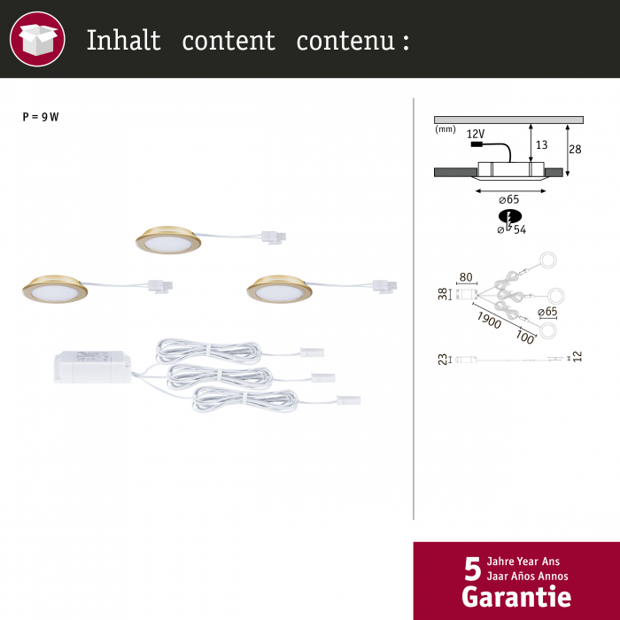 Set de 3 spoturi LED încastrabile pentru mobilier, 3x2,5W, 3x180lm, 230/12V, 3000K, auriu mat [8]