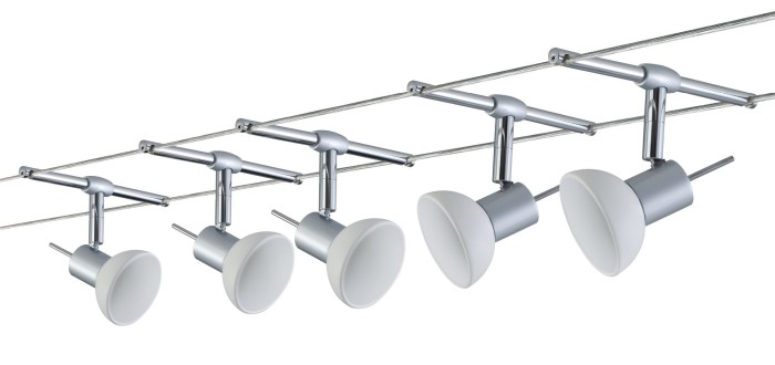 Set spoturi pe cablu Sheela max 5x10W GU5,3 crom mat/opal 230/12V 60VA metal/sticlă [2]