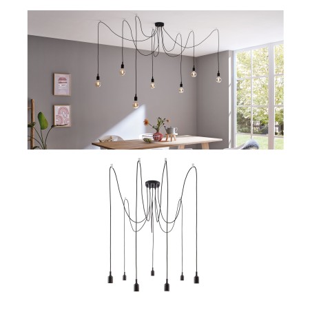 Penduluri - Pendul Ketil cu fir textil negru E27 2m max 7x20W cu soclu și bază negre, silicon-metal 230V