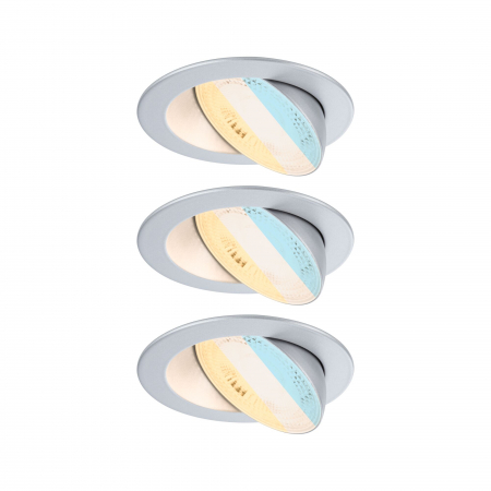 Familia Aumus - Set 3 spoturi încastrabile Aumus LED, rotunde, 105mm, 90°, 3x5W, 3x700lm, 230V, flux luminos variabil în 3 pași, temperatură de culoare variabilă 2700 - 6500K, crom mat