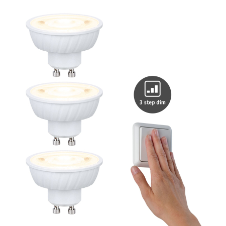 Set de trei becuri LED Flat reflector, 230V, standard, GU10, 37mm, 3x550lm, 3x4,9W, 2700K, alb Signal, cu flux luminos variabil în 3 pași [1]