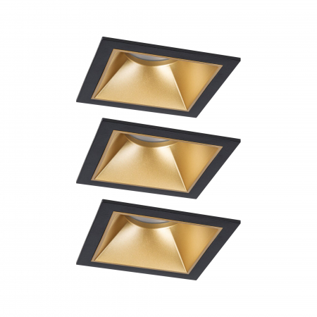 Familia Cole - Set spoturi incastrabile LED Cole Coin, IP44, patrate, 88x88mm, 3x6W, 3x470lm, 230V, flux luminos variabil in 3 pasi, 2700K, negru-auriu mat