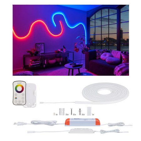 Set complet - Set bandă MaxLED Flow 5m RGB cu telecomandă 2.4GHz 43W 230/24V 75VA