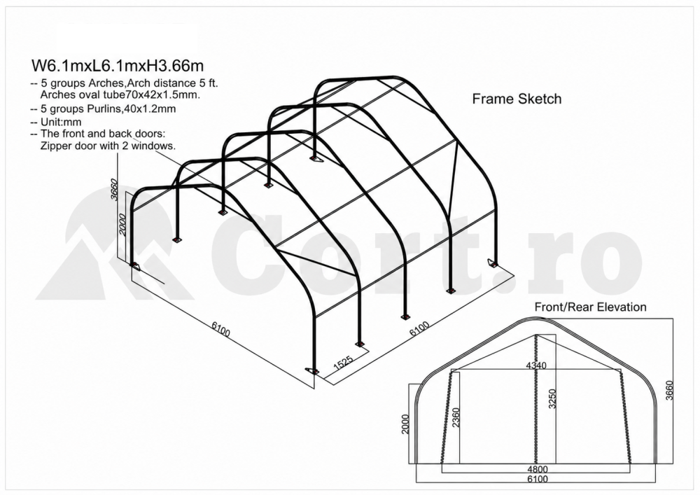 Cort depozitare tip hală 6.1 x 7.6 x 3.66 m exterior, prelata PVC 750 g/mp [2]