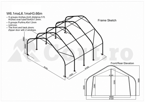 Cort depozitare tip hală 6.1 x 6.1 x 3.66 m exterior, prelata PVC 750 g/mp [1]