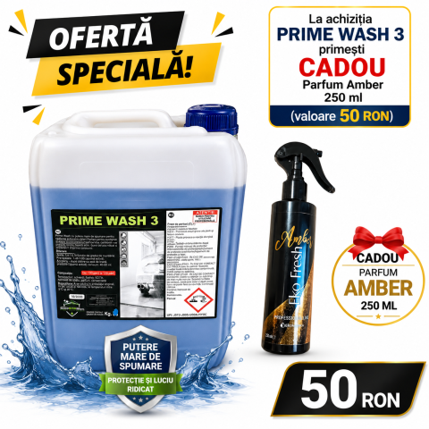 Detergenți Auto - Detergent Auto Profesional PRIME WASH 3 pumă Activă cu Frișcă Densă Albă | 22 kg | Pentru Self-Service, Spălătorii Manuale și Tuneluri CADOU PARFUM AMBIENT 250 ML AMBER