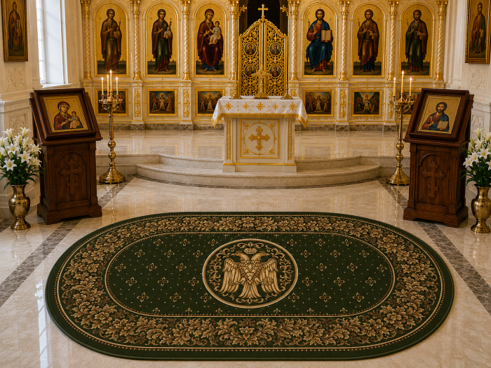 Covor Model Bisericesc Lotos 15077-310, Imprimeu cu Vultur Bicefal, Verde, Inaltime Fir 8 mm, Antialergic, Polipropilena, Manastire, Biserica, Altar, Naos, Pronaos, Capela, Chilie, Hol, Birou [10]