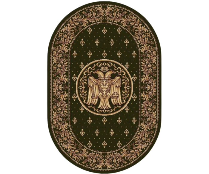 Covor Oval Model Bisericesc Lotos 15032-310, Imprimeu cu Vultur Bicefal, Verde, Inaltime Fir 9 mm, Antialergic, Polipropilena, Manastire, Biserica, Altar, Naos, Pronaos, Capela, Chilie, Hol, Birou [1]