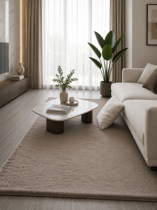 Covor Premium Belgian Model LOP 080, Imitatie Blana Iepure, Bej, Inaltime Fir 23 mm, Antiderapant, Antialergic, Poliester, Living, Dormitor, Sufragerie, Birou [6]