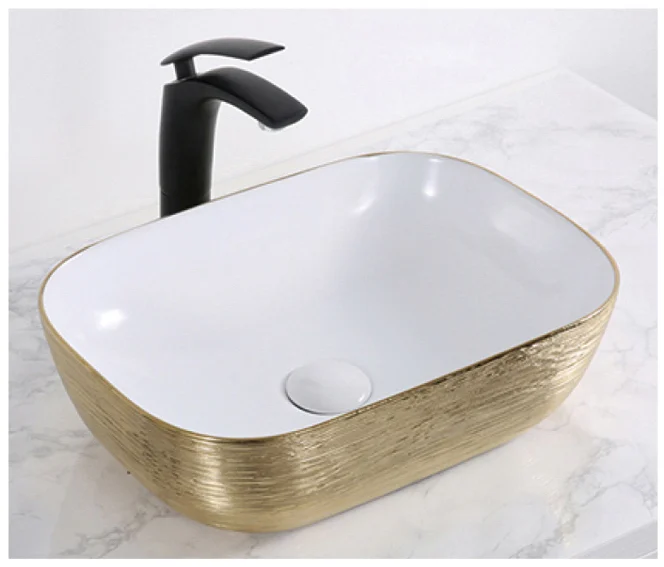 Lavoar pe Blat, Alb cu Auriu, Ceramica, Colectia Art Basin, Model LX-C012, Dimensiune 455 x 320 x 135 mm [1]