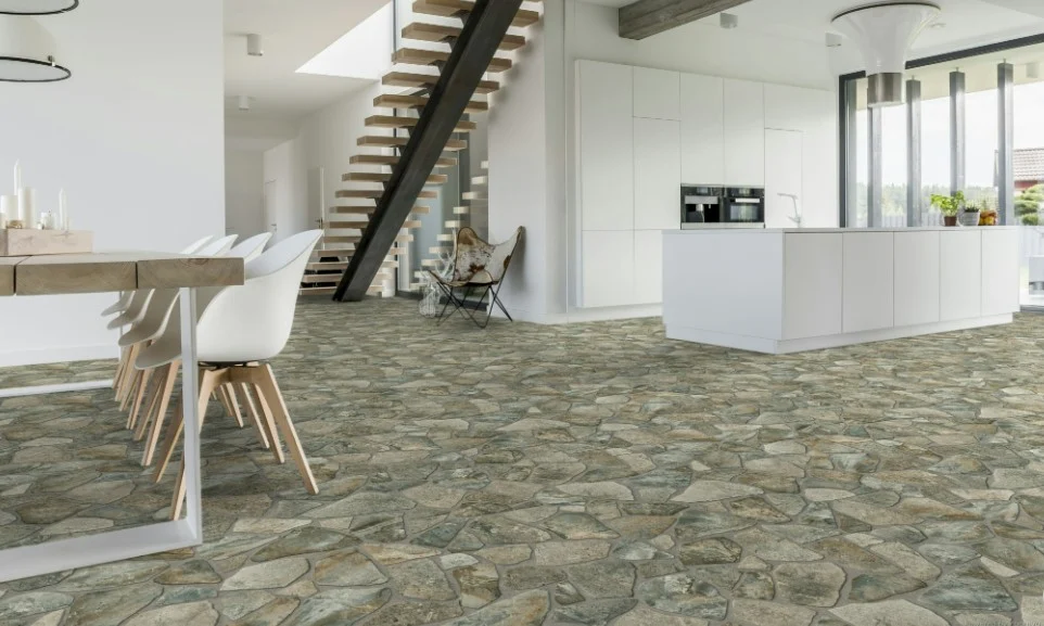 Linoleum Rezidential Antiderapant Clasa 21, Belgia, Model Atlantic Marlow 736M, Imitatie Piatra, Suport Spuma, Grosime 2.3 mm, Gri, Bej, PVC [2]