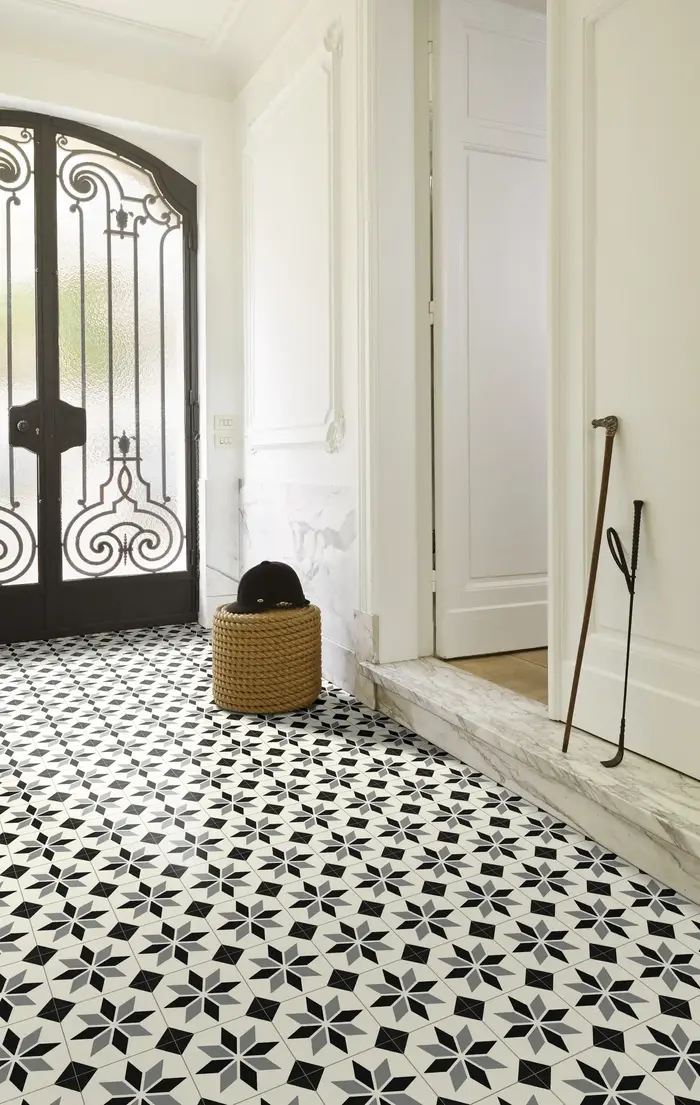 Linoleum Rezidential Antiderapant Clasa 21, Belgia, Model Scottsdale 099M, Suport Spuma, Grosime 2.3 mm, Imitatie Gresie, Alb, Negru, Gri, PVC [2]