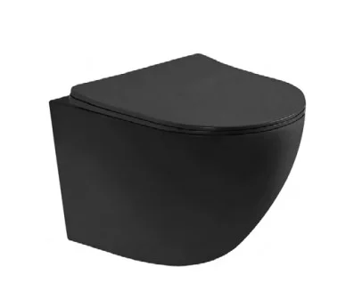 Set Vas WC Suspendat, Model LX-1900MB, Fara Rama, Rimless, Iesire Orizontala P-Trap, Dimensiuni 490 x 360 x 320 mm, Negru Satinat, Ceramica, Capac cu Inchidere Lenta si Suprafata Antibacteriana [1]