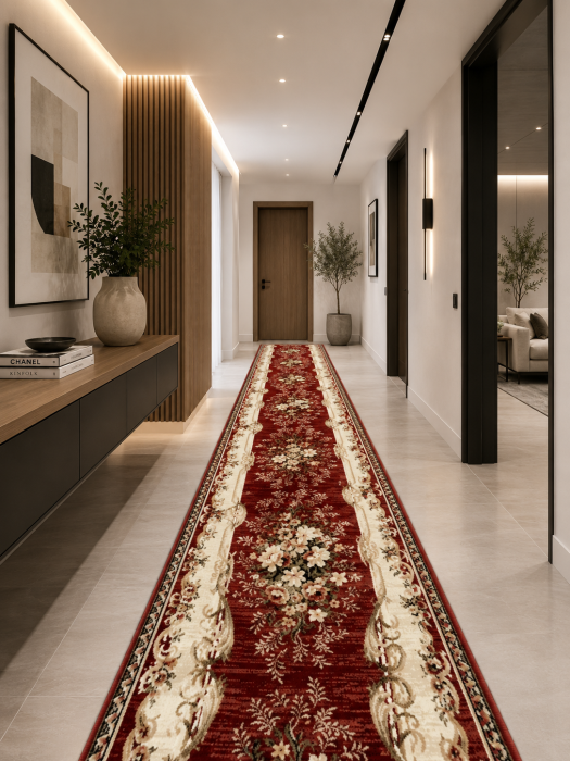 Traversa Lotos 535-210 grena cu crem, design floral clasic cu dungi verticale, festonata [2]