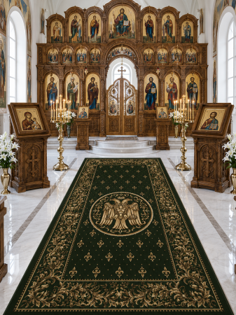 Covoare bisericesti - Covor Model Bisericesc Lotos 15032-310, Imprimeu cu Vultur Bicefal, Verde, Inaltime Fir 8 mm, Antialergic, Polipropilena, Manastire, Biserica, Altar, Naos, Pronaos, Capela, Chilie, Hol, Birou