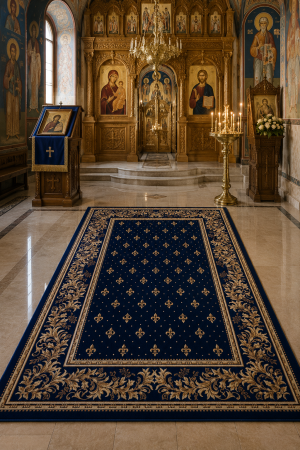 Covoare bisericesti - Covor Model Bisericesc Lotos 15033-810, Albastru, Inaltime Fir 8 mm, Antialergic, Polipropilena, Manastire, Biserica, Altar, Naos, Pronaos, Capela, Chilie, Hol, Birou