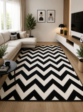 Covoare dormitor - Covor Model Black & White 18001-900, Alb, Negru, Inaltime Fir 8 mm, Antialergic, Polipropilena, Living, Dormitor, Sufragerie, Birou