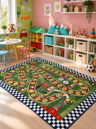 Covoare camera copii - Covor Camera Copii Model Racing Game, Verde, Inaltime Fir 10 mm, Antiderapant, Antialergic, Poliamida, Gradinita, Cresa, Loc de Joaca