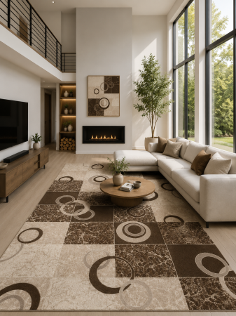 Living & Dormitor - Covor Model Daffi 13058-120, Crem, Maro, Inaltime Fir 6 mm, Antialergic, Polipropilena, Living, Dormitor, Sufragerie, Birou