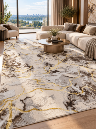 Clasice & Elegante - Covor Model Elsa 12287, Marime 150 x 230 cm, Crem si Auriu, Inaltime Fir 7 mm, Antialergic, Polipropilena, Living, Dormitor