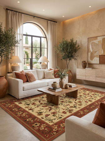 Covoare clasice - Covor Lotos 15075-150 Bej Caramiziu Design Clasic Oriental Floral Polipropilena Friese