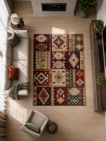 Covoare traditionale - Covor Lotos 15081-230 rosu grena design etnic patchwork kilim