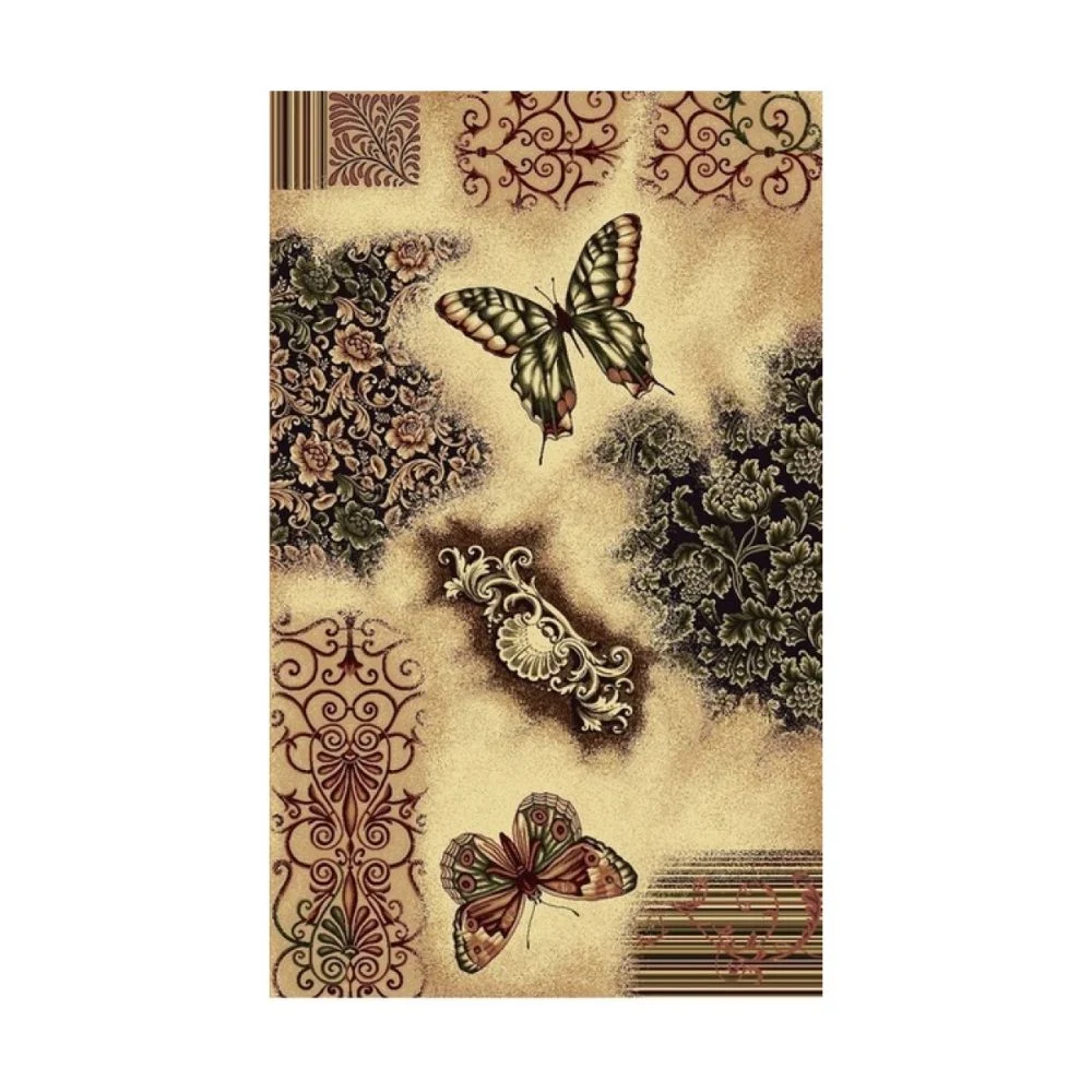 Alege după - Covor Model Fluturi 1607-110, Bej, Maro, Inaltime Fir 9 mm, Antialergic, Polipropilena, Living, Dormitor, Sufragerie, Birou