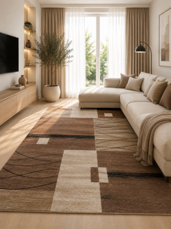 Covoare living - Covor Model Luna 1805-12, Maro, Inaltime Fir 9 mm, Antialergic, Polipropilena, Living, Dormitor, Sufragerie, Birou