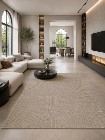 Covoare living - Covor Model Oksi 38025‑202, Bej, Inaltime Fir 6,5 mm, Antialergic, Polipropilena, Living, Dormitor, Hol