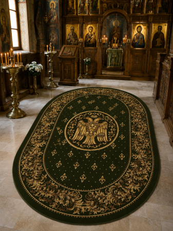Covor Oval Model Bisericesc Lotos 15032-310, Imprimeu cu Vultur Bicefal, Verde, Inaltime Fir 8 mm, Antialergic, Polipropilena, Manastire, Biserica, Altar, Naos, Pronaos, Capela, Chilie, Hol, Birou [1]