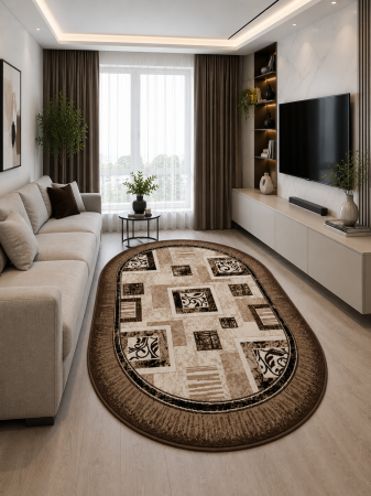 Covoare living - Covor Oval Model Luna 1835-12, Crem, Maro, Inaltime Fir 6 mm, Antialergic, Polipropilena, Living, Dormitor, Sufragerie, Birou