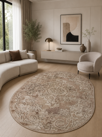 Covor Oval Model Mira 24016-132, Maro, Inaltime Fir 6 mm, Antialergic, Polipropilena, Living, Dormitor, Sufragerie, Birou