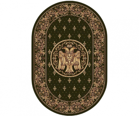 Covoare bisericesti - Covor Oval Model Bisericesc Lotos 15032-310, Imprimeu cu Vultur Bicefal, Verde, Inaltime Fir 9 mm, Antialergic, Polipropilena, Manastire, Biserica, Altar, Naos, Pronaos, Capela, Chilie, Hol, Birou