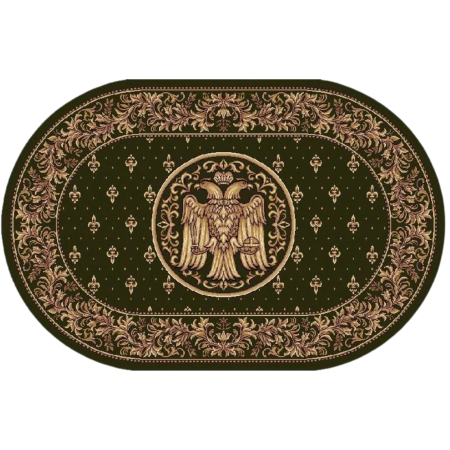 Covoare bisericesti - Covor Model Bisericesc Lotos 15077-310, Imprimeu cu Vultur Bicefal, Verde, Inaltime Fir 9 mm, Antialergic, Polipropilena, Manastire, Biserica, Altar, Naos, Pronaos, Capela, Chilie, Hol, Birou