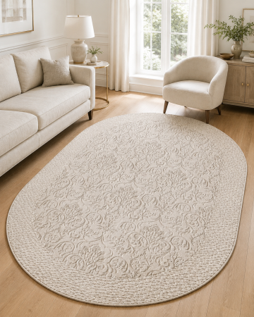 Covoare moderne - Covor Oval Model Itea 42005‑116, Marime 78 x 150 cm, Bej, Inaltime Fir 10 mm, Antialergic, Polipropilena, Living, Dormitor