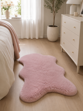 Covoare pufoase - Covor Premium Belgian Model LOP 020 Shapes, Imitatie Blana Iepure, Roz, Marime 50 x 80 cm, Lungime Fir 23 mm, Poliester, Antialergic, Living, Dormitor, Sufragerie, Birou