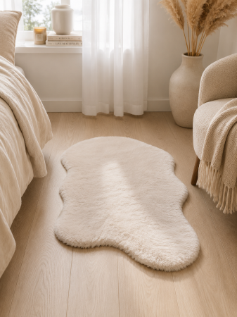 Covoare pufoase - Covor Premium Belgian Model LOP 050 Shapes, Imitatie Blana Iepure, Crem, Marime 50 x 80 cm, Lungime Fir 23 mm, Poliester, Antialergic, Living, Dormitor, Sufragerie, Birou