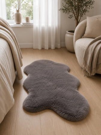 Covoare pufoase - Covor Premium Belgian Model LOP 070 Shapes, Imitatie Blana Iepure, Gri, Marime 50 x 80 cm, Lungime Fir 23 mm, Poliester, Antialergic, Living, Dormitor, Sufragerie, Birou