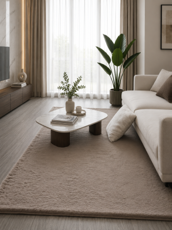 Covor Premium Belgian Model LOP 080, Imitatie Blana Iepure, Bej, Inaltime Fir 23 mm, Antiderapant, Antialergic, Poliester, Living, Dormitor, Sufragerie, Birou [5]