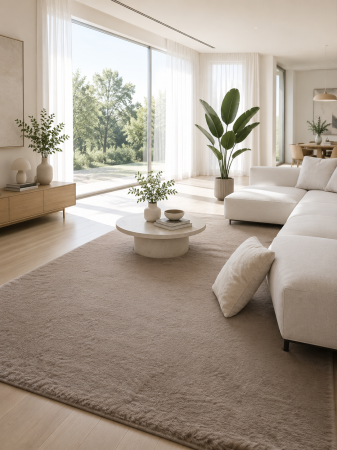 Covoare camera copii - Covor Premium Belgian Model LOP 080, Imitatie Blana Iepure, Bej, Inaltime Fir 23 mm, Antiderapant, Antialergic, Poliester, Living, Dormitor, Sufragerie, Birou