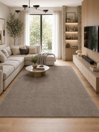 Covoare living - Covor Premium Belgian Model Soft Rimini 71481-077, Bej, Gri, Lungime Fir 22 mm, Poliester Reciclat, Antialergic, Living, Dormitor, Sufragerie, Birou